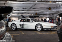 RADwood SoCal 2025: A Blast From the ’80s & ’90s Automotive Past at the Port of LA RADwood SoCal white Ferrari Testarossa