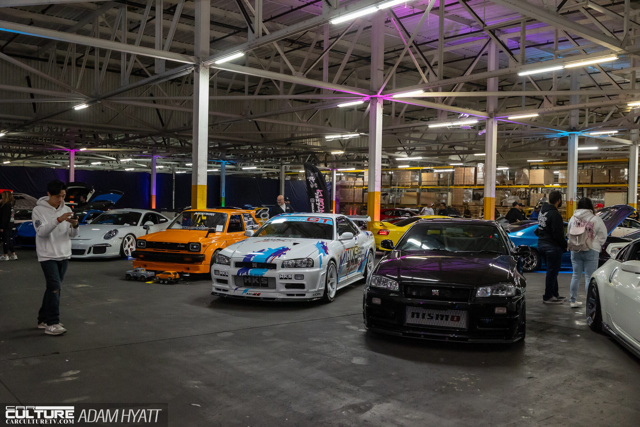 Superstreet After Dark car lineup in warehouse