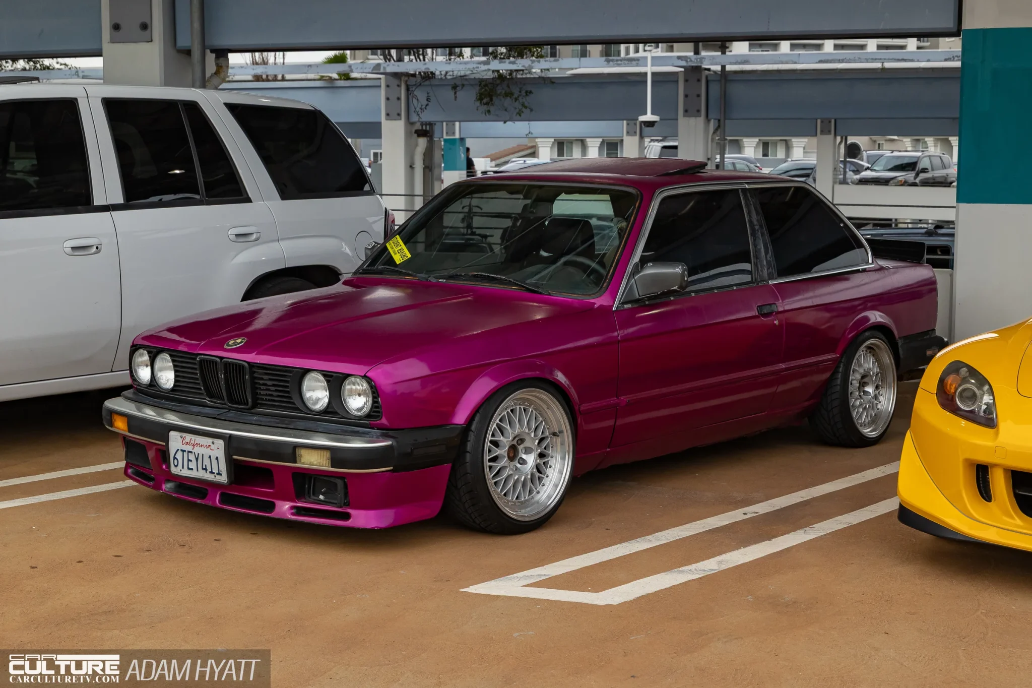 pink BMW E30 on BBS