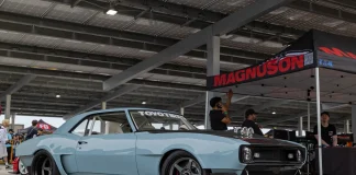 Modified 1967 Camaro widebody on Gram Lights wheels at Magnuson Superchargers booth Long Beach