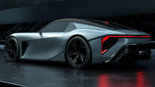 Rear studio shot of Lexus Supercar Concept highlighting diffuser, taillights, and performance stance