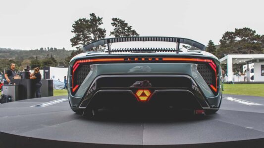 Photo by: Brian Silvestro / Motor1 Lexus logo on rear of the new supercar concept emphasizing luxury performance branding