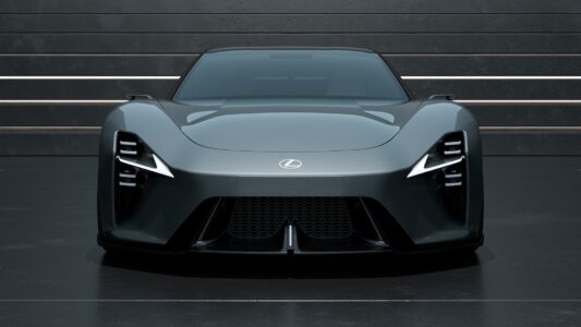 High-contrast photo showing Lexus Supercar Concept grille detail and hood contours