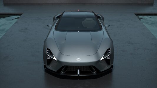 Studio front view of Lexus Supercar Concept with futuristic grille and sharp LED accents