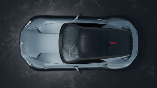 Top-down press photo of Lexus concept coupe showing aerodynamic roofline and fender design